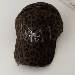 Adjustable Brown & Black Cheetah Print Rhinestone Bowknot Baseball Cap OS NEW